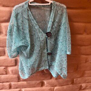 Hand crochet turquoise jacket w unique buttons XL NWOT